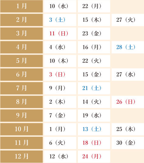 寅の日カレンダー【2018年（平成30年）】